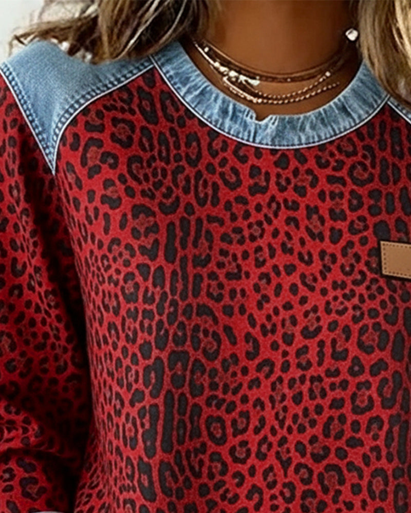 Laluna® | Sweatshirt Leopard Print Denim Patchwork