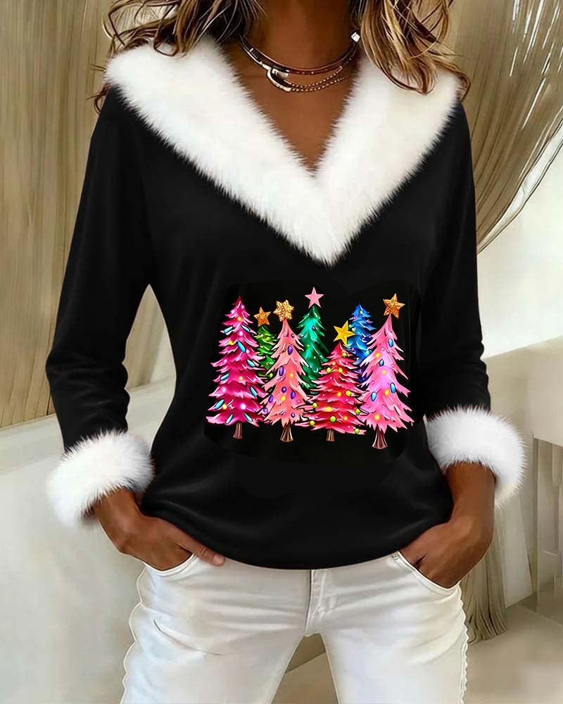 Mona | Fleece Top with V-Neck and Christmas Tree Print