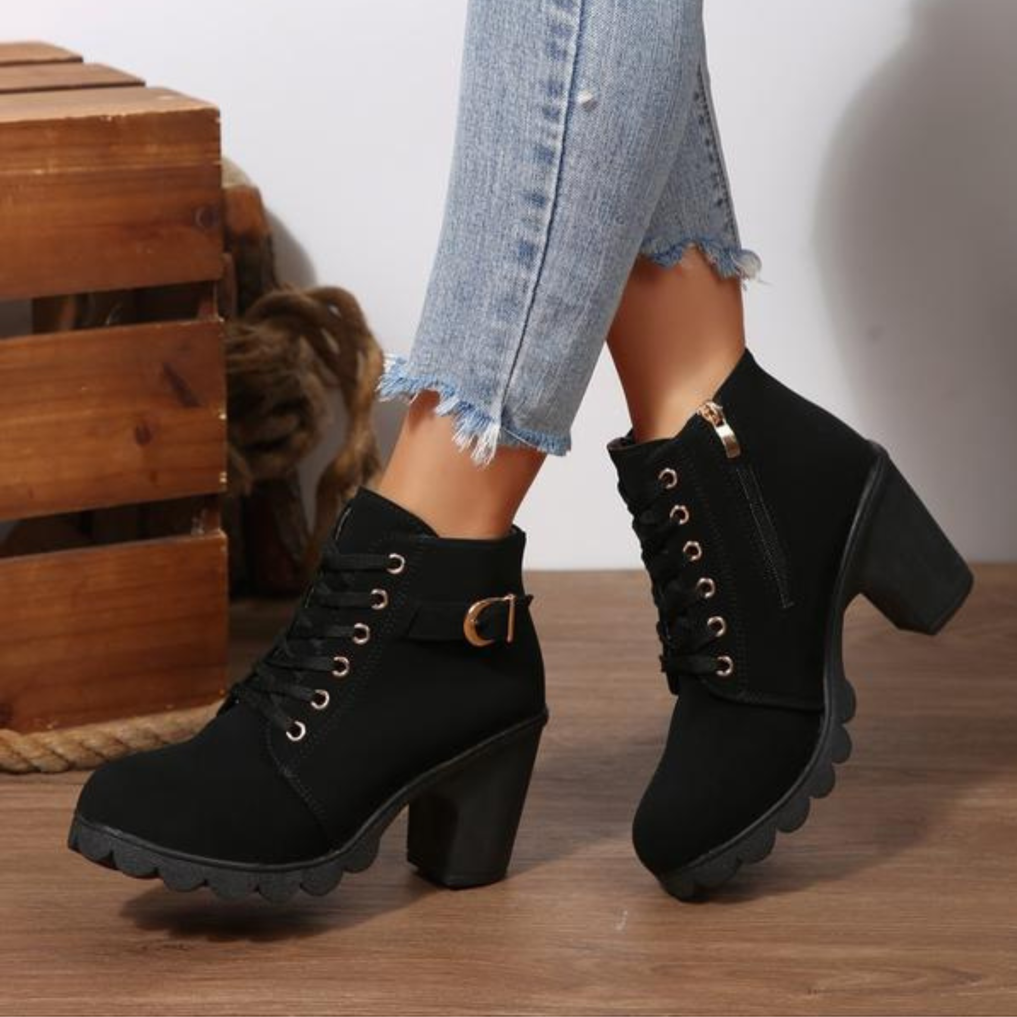 Katni | Chic Lace-Up Metal Buckle Chunky Ankle Boots
