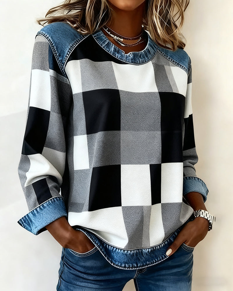 Laluna® | Sweatshirt with Check Patchwork and Contrast Color
