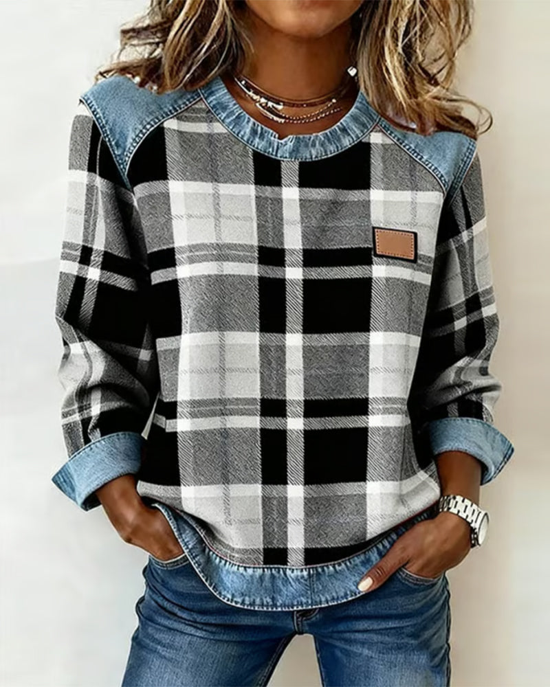 Stacey | Casual Round Neck Denim Patchwork Pullover Sweatshirt