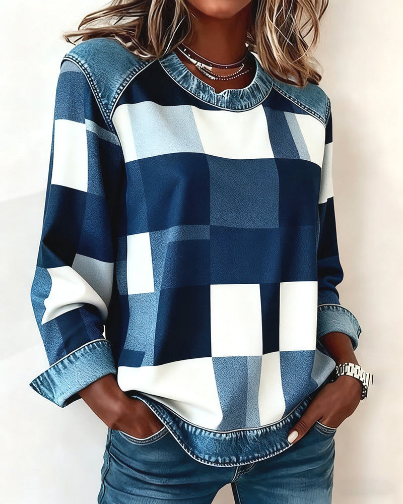 Laluna® | Sweatshirt with Check Patchwork and Contrast Color