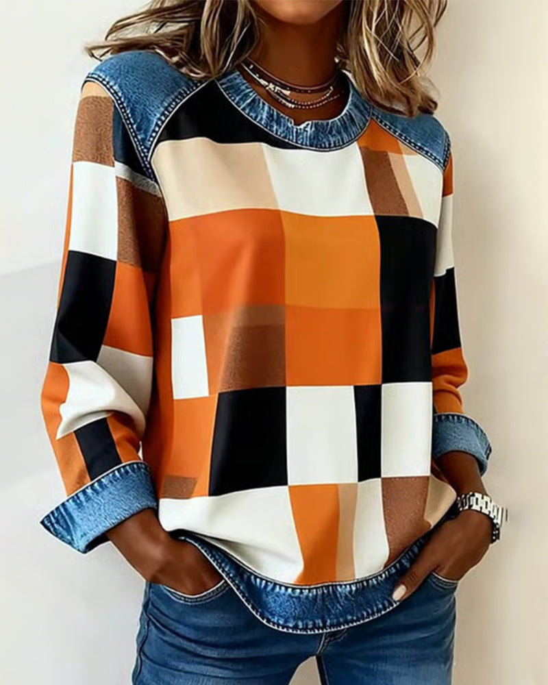 Laluna® | Sweatshirt with Check Patchwork and Contrast Color