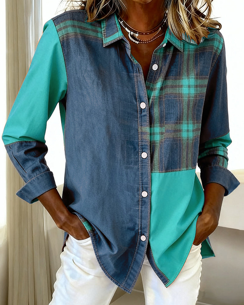 Laluna® | Shirt with Notched Collar and Checked Contrast Design