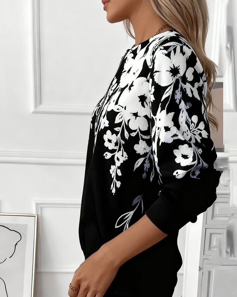 Stella | Printed Sweatshirt with Half Zipper and Collar