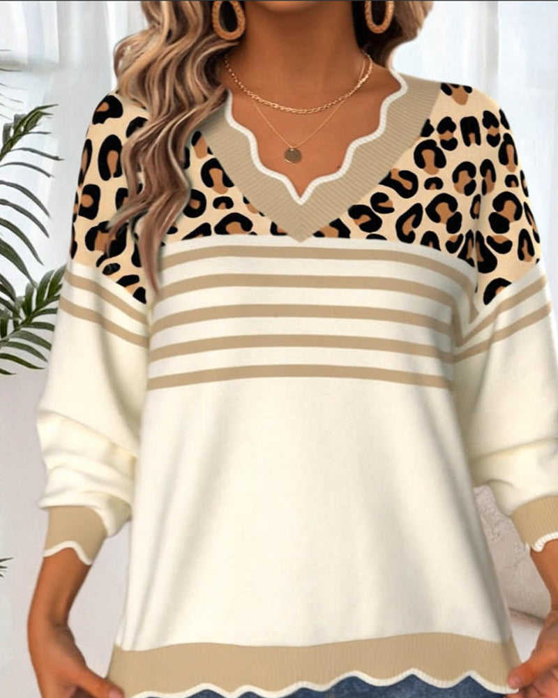 Mila | Leopard Print Contrast V-Neck Sweater