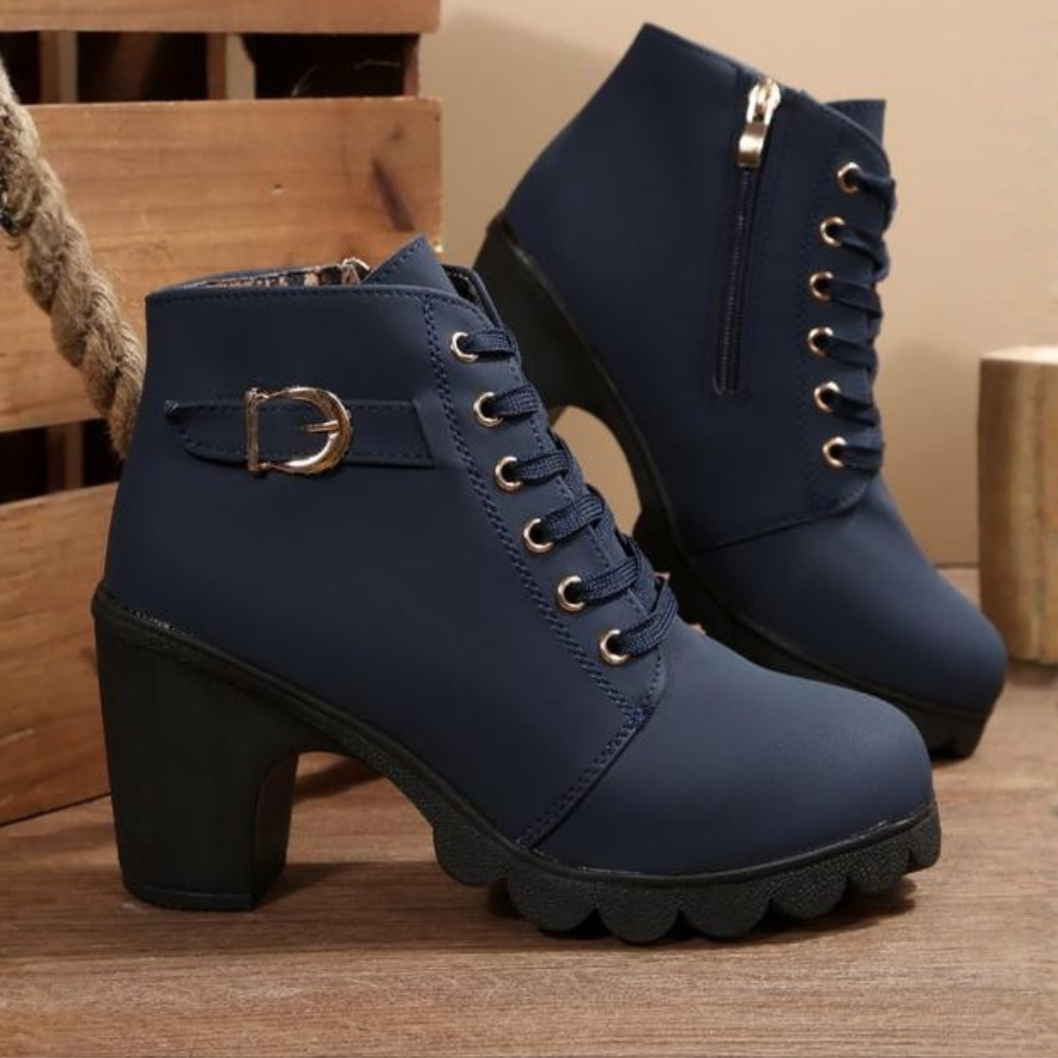 Katni | Chic Lace-Up Metal Buckle Chunky Ankle Boots