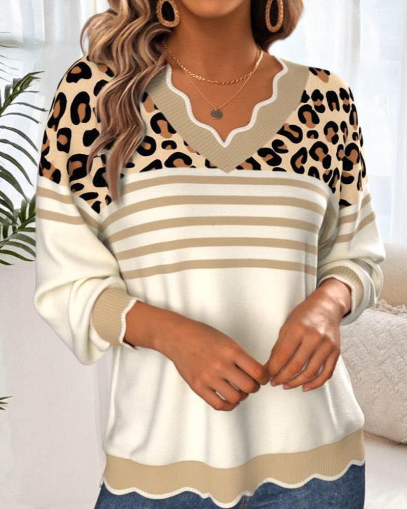 Mila | Leopard Print Contrast V-Neck Sweater