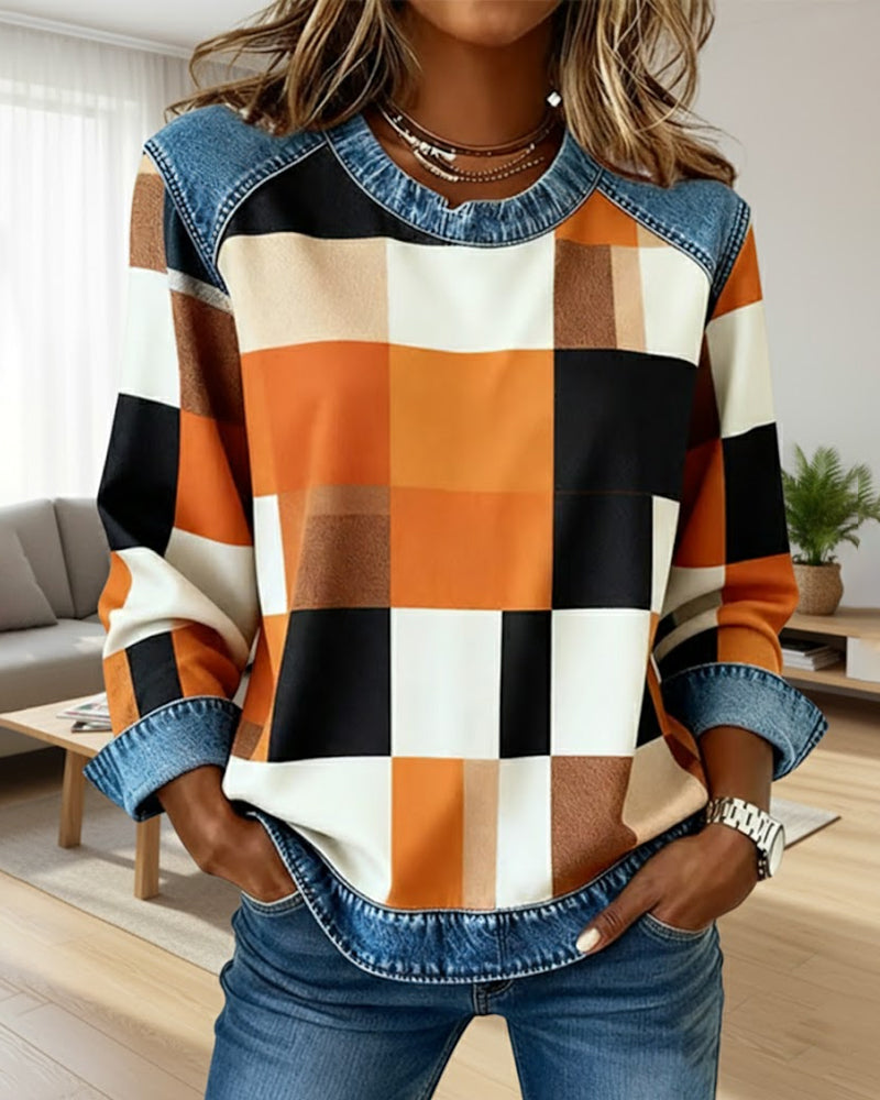 Laluna® | Sweatshirt with Check Patchwork and Contrast Color