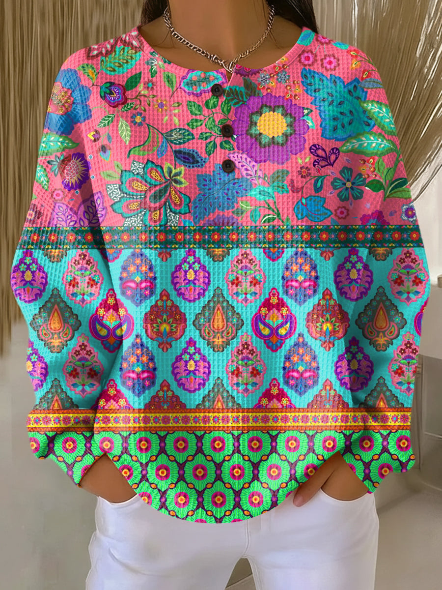 Viola | Sweater with Ethnic Floral Stripes