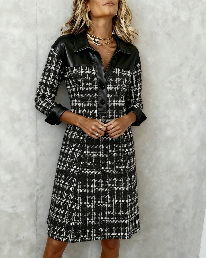 Jane | Long Sleeve Patchwork and Houndstooth Dress